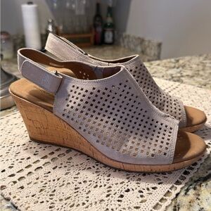 Rockport Light Taupe Perforated Slingback Cork Wedges